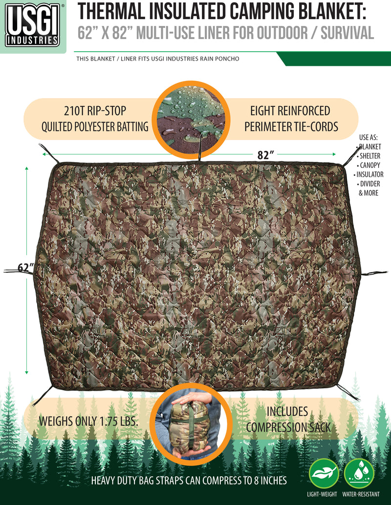 USGI Industries Military Woobie Blanket - Thermal Insulated Camping Blanket, Poncho Liner – Large, Portable, Water-Resistant, for Hiking, Outdoor, Survival, Comes with Compression Carry Bag