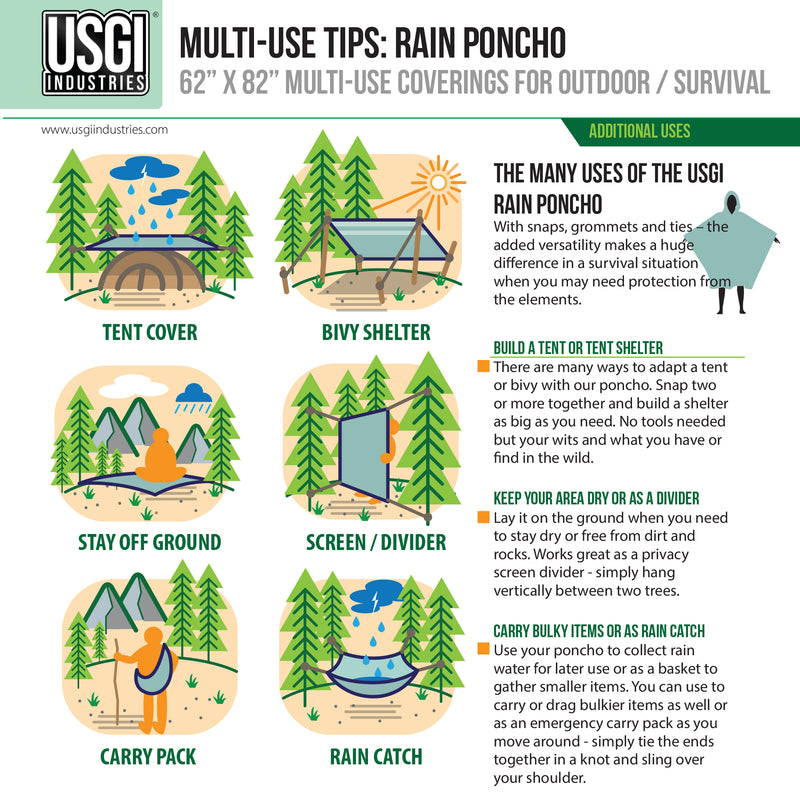 USGI Industries Military Spec Rain Poncho - Emergency Tent, Shelter, Multi Use Rip Stop Camo Survival Rain Poncho